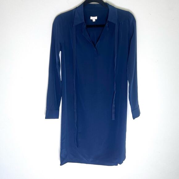 Cuyana Sz XS Gathered Silk Shirt Dress Long Sleeve Navy Blue with Belt - Picture 2 of 7